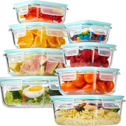 8pcs Glass Storage Container Set with Lids, Stackable, Leak-Proof Snap-Lock Seal, a Great Helper for Kitchen Storage, Suitable for Ovens, Microwaves, Refrigerators, And Dishwashers