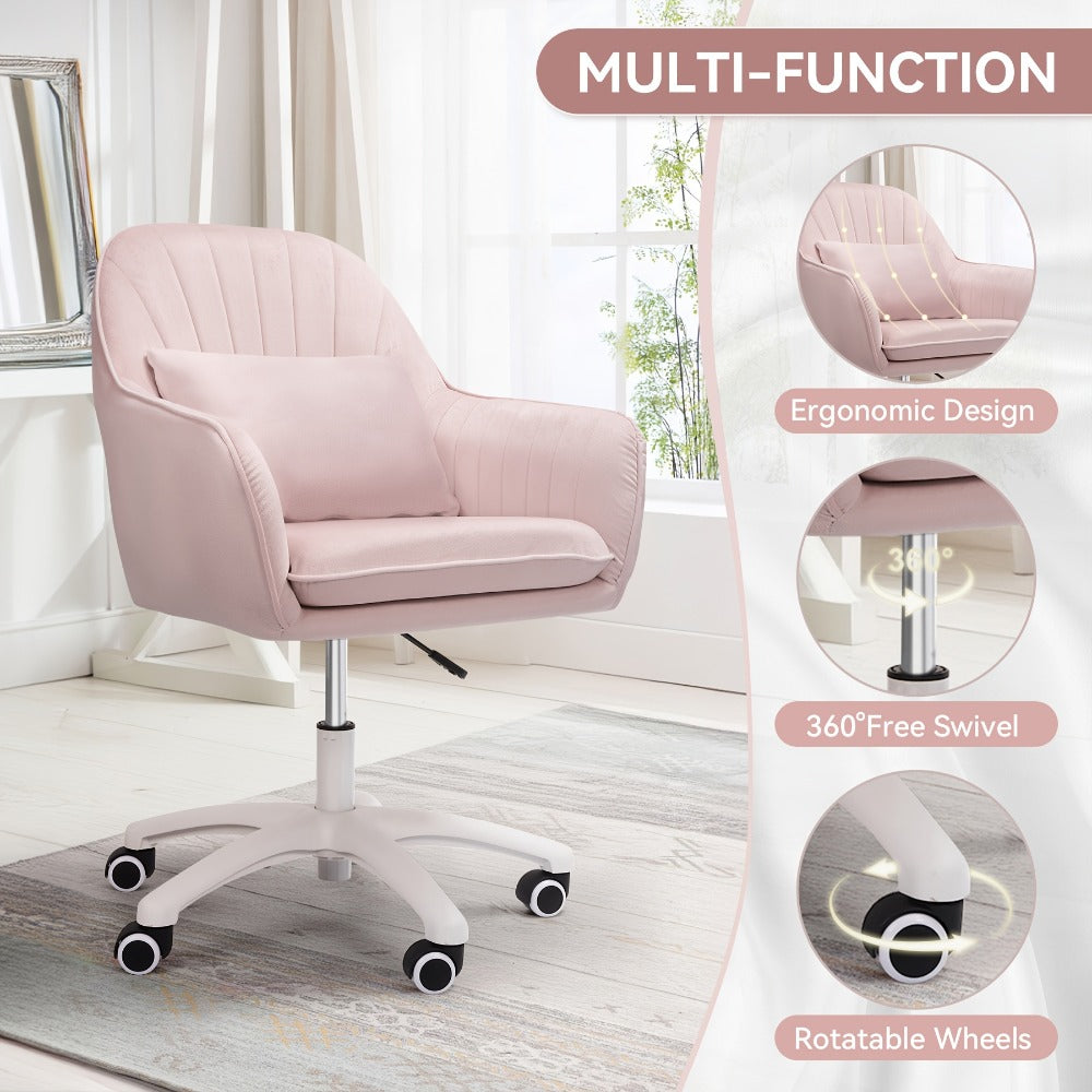Velvet Swivel Desk Chair with Pillow & Height Adjustment – 360° Rotatable Home Office & Vanity Chair, Memory Foam Seat, Up to 150kg, for Study Room & Bedroom