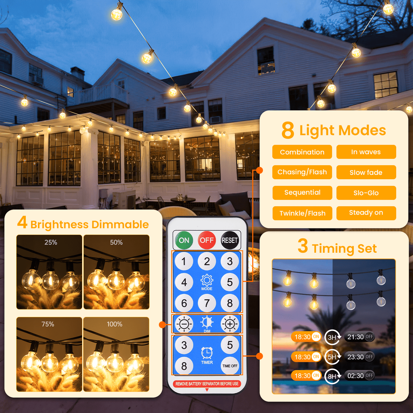 Dimmable Solar Outdoor String Lights - 100ft/60ft/50ft G40 Solar Powered Garden Lights, Remote 3 Timer 8 Modes Waterproof Outside Festoon Lights for Gardens Patios Fences Pergolas