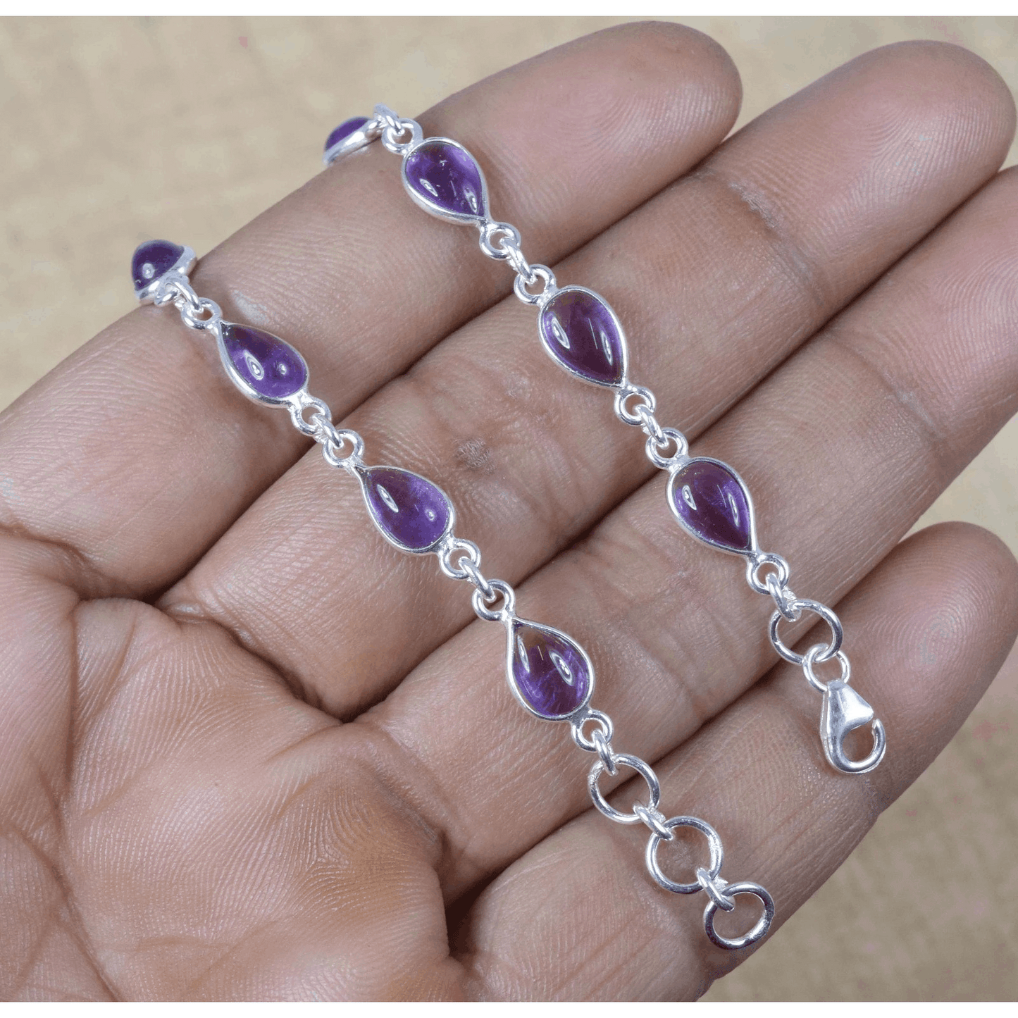 925 Sterling Silver Natural Gemstone Adjustable Bracelet ~ Teardrop Link Bracelet ~ Simple Elegant Jewelry