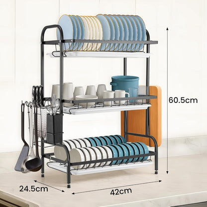 3-Tier Dish Rack Dish Drainer Rack with Drainboard Large Over Sink Drying Rack Kitchen with Cutlery & Cutting Board Holder Space-Saving Kitchen Draining Board with Drip Tray