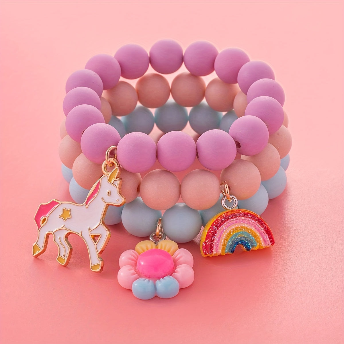 3pcs Cute Minimalist Unicorn Sunflower Rainbow Beaded Bracelets for Girls' Daily Wear