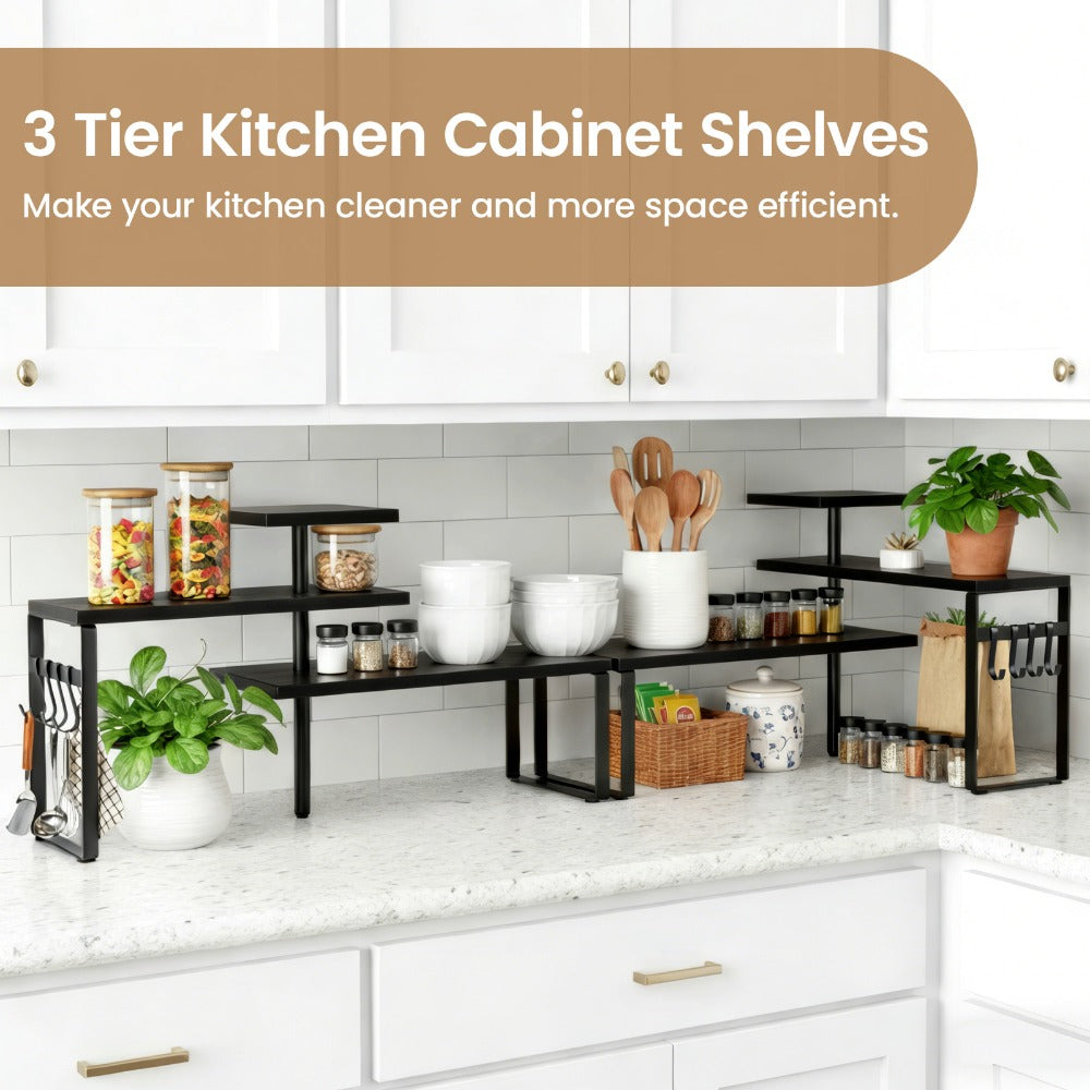 3-Tier Adjustable Countertop Organizer Spice Rack, Corner Shelf with 4 Hooks, Rustic Kitchen Counter Organizer for Coffee Bar, Bathroom, Cabinet, Desk
