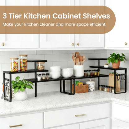 3-Tier Adjustable Countertop Organizer Spice Rack, Corner Shelf with 4 Hooks, Rustic Kitchen Counter Organizer for Coffee Bar, Bathroom, Cabinet, Desk