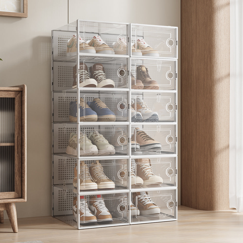 Pack of 12 Stackable Shoe Organizers Shoe Storage Boxes with Dustproof Doors, Large Shoe Boxes Transparent Foldable Shoe Storage Cabinet, Portable Space-saving Shoe Box, Under Bed Shoe Containers, Versatile Footwear Containers Holder for Entryway, Closet,