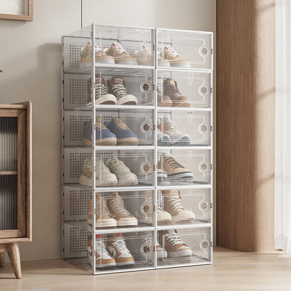 Pack of 12 Stackable Shoe Organizers Shoe Storage Boxes with Dustproof Doors, Large Shoe Boxes Transparent Foldable Shoe Storage Cabinet, Portable Space-saving Shoe Box, Under Bed Shoe Containers, Versatile Footwear Containers Holder for Entryway, Closet,