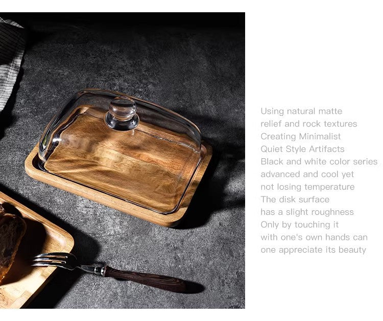 Acacia Wood Butter Dish with Glass Lid, Clear Covered Butter Keeper, Wooden Butter Tray for Kitchen Countertop, Farmhouse Butter Storage Container & Serving Dish for Counter, Ideal for Butter, Cakes, Fruits, Snacks & Pastries