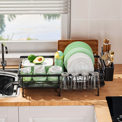 Adjustable Multi-Functional Dish Drainer Rack for the Kitchen, Wrought Iron Kitchen Utensil Rack, Large Capacity Storage Organiser with Drain Board, Utensil Rack, and Cup Hooks, Foldable Design to Save Space, Ideal for Drying Plates, Bowls, Pots, and Uten