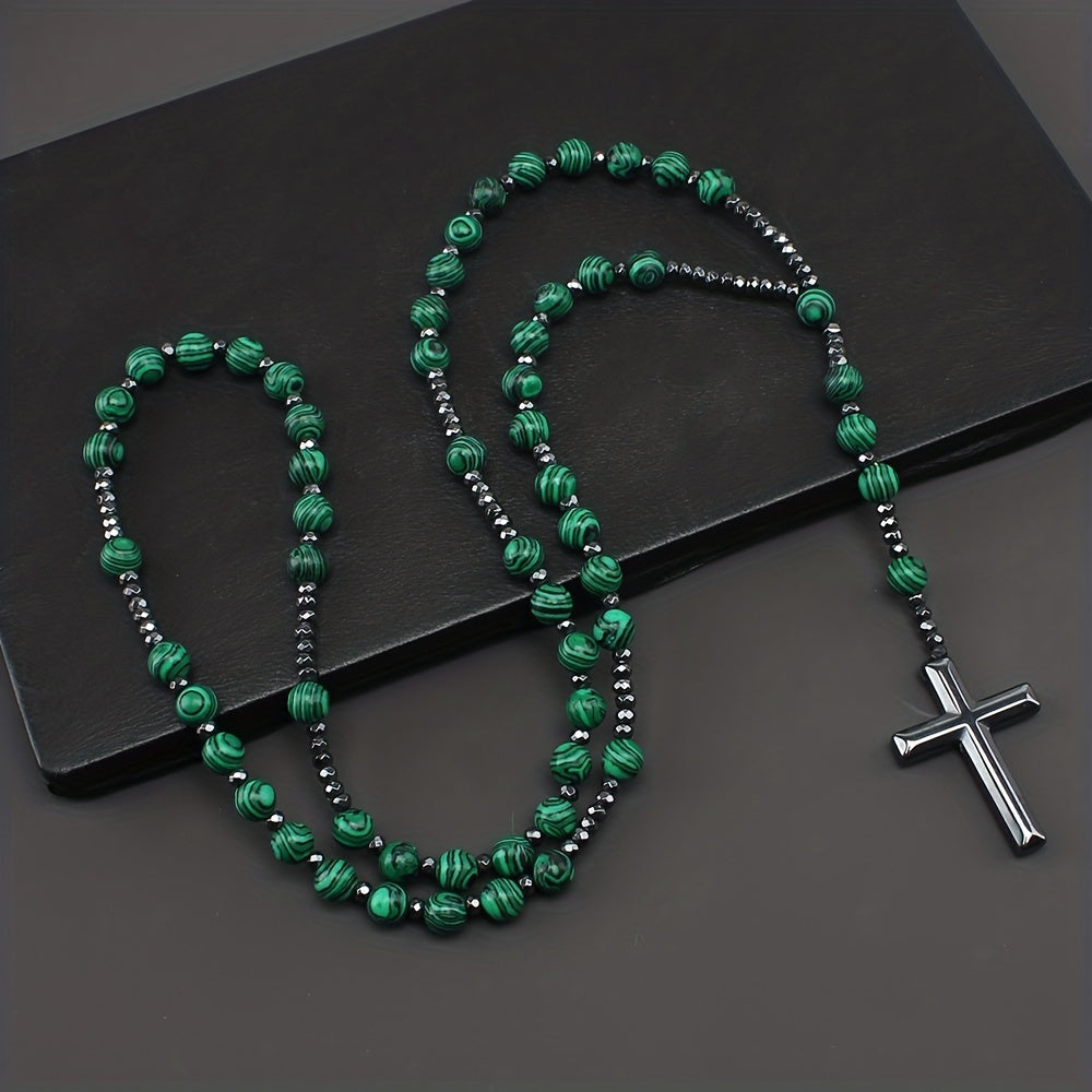 1pc Fashion Vintage Style Jewelry Round Bead Malachite Black Howlite Cross Religious Prayer Beads Men's Long Necklace for Daily Wear