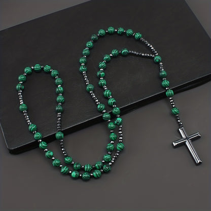 1pc Fashion Vintage Style Jewelry Round Bead Malachite Black Howlite Cross Religious Prayer Beads Men's Long Necklace for Daily Wear