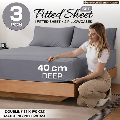 3pcs 40cm Extra Deep Fitted Sheet – Solid Color Soft & Comfortable Bed Sheet with 2pcs Matching Pillowcases, Breathable Fabric Soft Brushed Microfiber Bedding, Machine Washable for Home Bedroom, Hotel