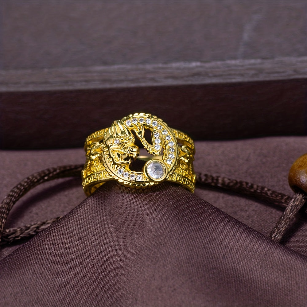 1pc Chinese Style Auspicious Dragon Inlaid Synthetic Synthetic Zircon Men'S Ring, Intricate Carved Retro Luxury And Oriental Culture Fusion Unique Charm, Chinese Culture Enthusiasts, Chinese Elements