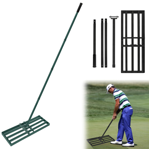 Professional Heavy-Duty Stainless Steel Lawn Leveling Rake with Adjustable Length Handle (25x50cm/25x75cm) - 4-Section Telescopic Design, Ergonomic Non-Slip Grip & 4-Section Lever Mechanism for Golf Courses, Gardens, Yards - Sand Trap, Bunker