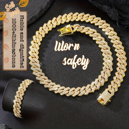 2pcs/set Necklace+bracelet Luxury Set Domineering Y2K Cuban Lozenge Link Chain Necklace, Hip Hop Miami Unisex Necklace, Rapper Necklace Jewelry, Trendy Accessories Encryption style
