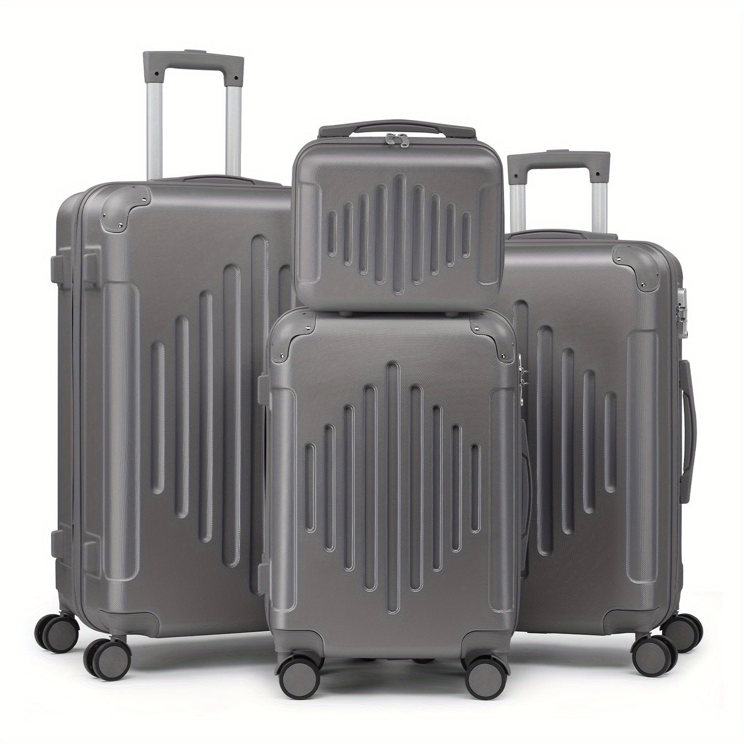Of 4 Suitcases Featuring Corner Guards, Available in Sizes 12, 20, 24, And 28 Inches. These Durable Hard-Shell Cases Come with 360-Degree Spinner Wheels, Offering a Spacious And Lightweight Option for Travel