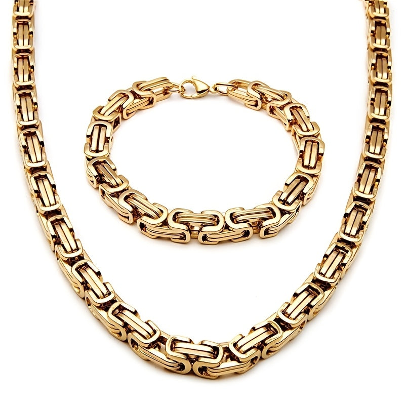 2pcs Set of Fashionable and Domineering Stainless Steel Necklace + Bracelet Jewelry Set, Men's Imperial Chain Accessories, Ideal Jewelry Gift for Wearing on Any Occasion, Matching with Any Clothing, Gifts
