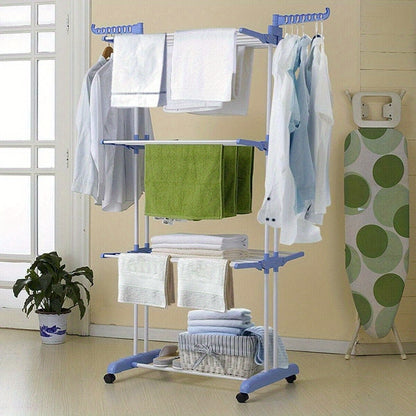 Clothes Drying Rack 4 Tier Foldable Airer Laundry Dryer Adjustable Stainless Steel Garment Laundry Racks Heavy Duty Removable Clothes Hanger with Casters for Indoor Outdoor