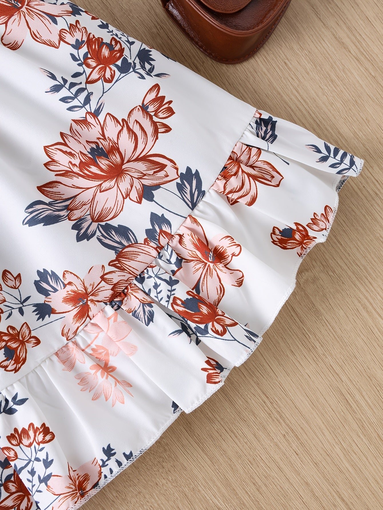 White Waist-Cinching Print Short-Sleeve Round-Neck Casual Dress for Girls