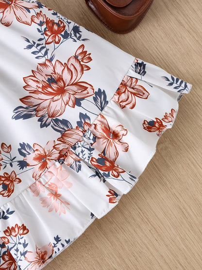White Waist-Cinching Print Short-Sleeve Round-Neck Casual Dress for Girls