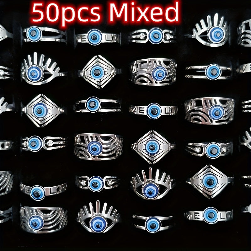 10/20/30/50pcs/Lot Vintage Stainless Steel Devil'S Eye Rings for Men And Women Wholesale Mix Design Blue Eyes Geometric Fashion Jewelry Mixed Model Random Shipment Without Box Opp Bag