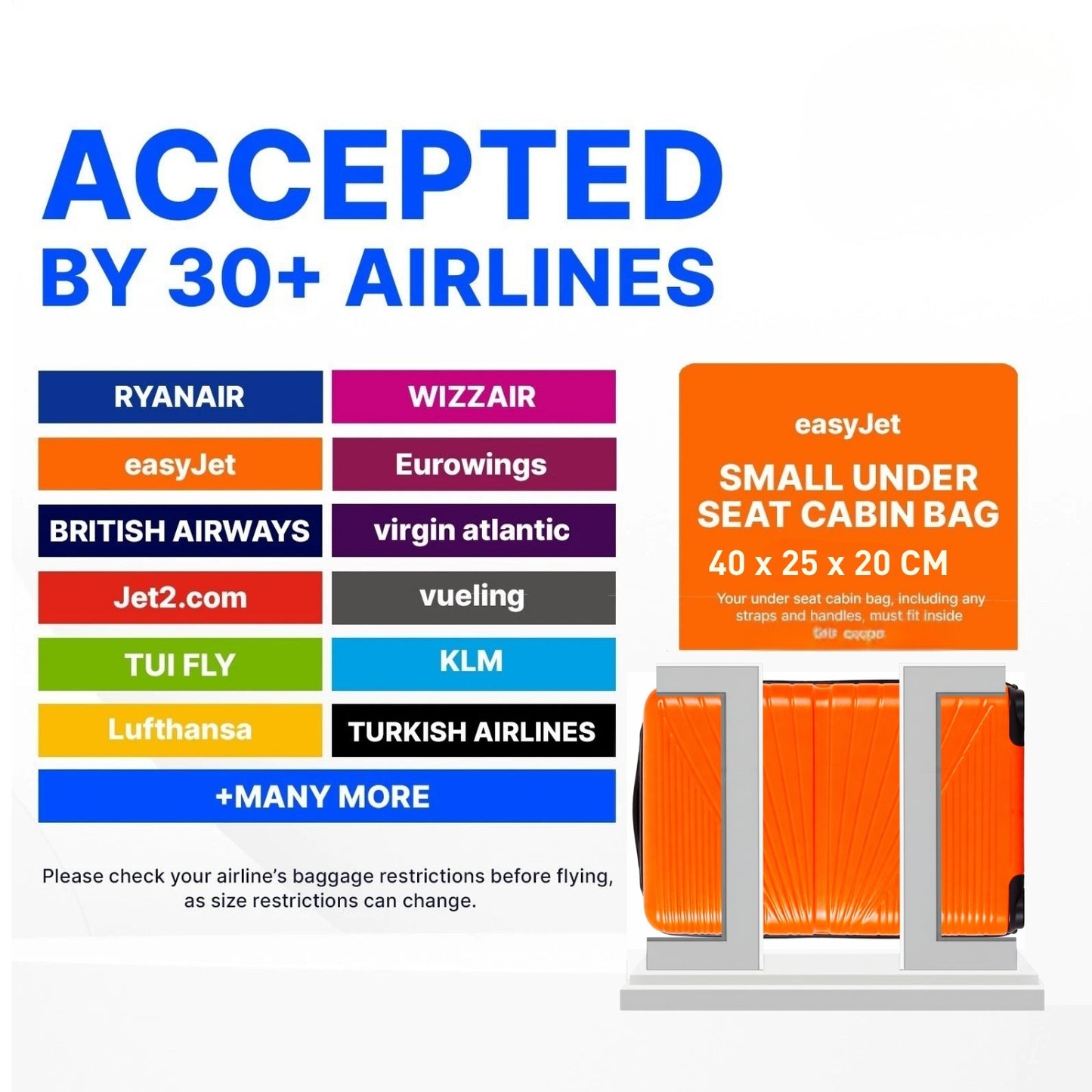 1611 RYANAIR UNDERSEAT CABIN TROLLEY CASE 40 X 25 X 20 CM DETACHABLE WHEELS