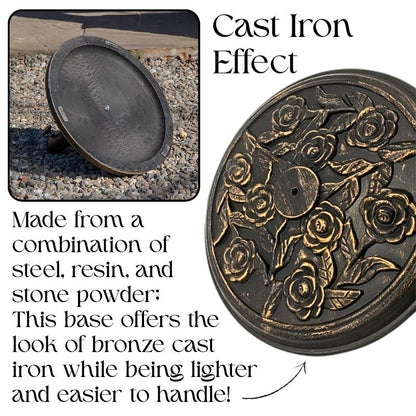 9kg Round Parasol Base Bronze Cast Iron Effect Umbrella Stand, Outdoor Heavy Duty Weight Support with Adjustable Collars & Tightening Knob for Garden, Patio, Lawn & Terrace Furniture, Floral Design, Bronze