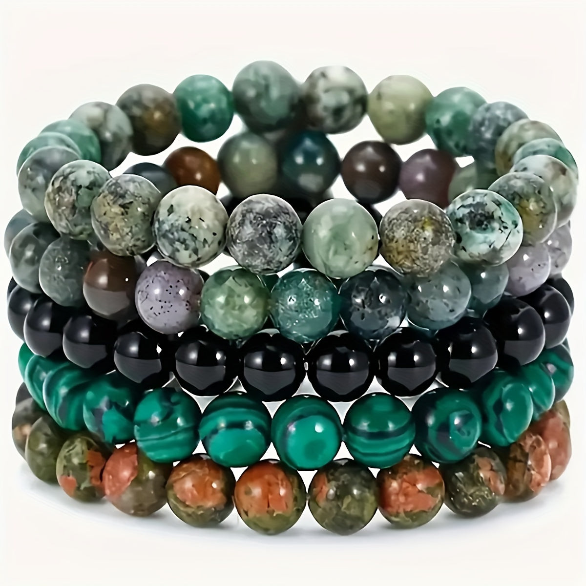 5pcs Set Natural Tiger Eye Indian Agate Fashion Men's Bracelet Map Stone Amazonite Couple Bracelet Black Line Red Vein Stone Pink Zebra Multi-Piece Set Elastic Beaded Bracelet Gift for Friends Family Holiday Birthday Gift for Son Dad Father's Day