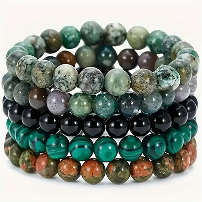 5pcs Set Natural Tiger Eye Indian Agate Fashion Men's Bracelet Map Stone Amazonite Couple Bracelet Black Line Red Vein Stone Pink Zebra Multi-Piece Set Elastic Beaded Bracelet Gift for Friends Family Holiday Birthday Gift for Son Dad Father's Day