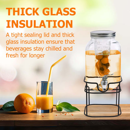4L Glass Water Dispenser with Tap – Wide Mouth Drink Dispenser with Metal Wire Handle and Stand - Leak Proof Glass Juice Dispenser with Tap for Beverage, Cocktail and Drinks