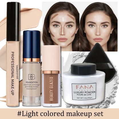 [Face Base Kit] 5pcs/Set Complete Face Base Kit - High-Coverage Concealer, Lightweight Liquid Foundation, 3D Contouring Cream, Oil-Control Loose Powder And Soft Puff - Long-Lasting Matte Flawless End Set
