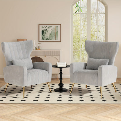 Velvet Armchair Wing Chair with Cushion & Pillow | Golden Metal Legs Padded Ergonomic Seat | Lounge Reading Reception Chair | Grey Beige Black | Living Room Bedroom Office