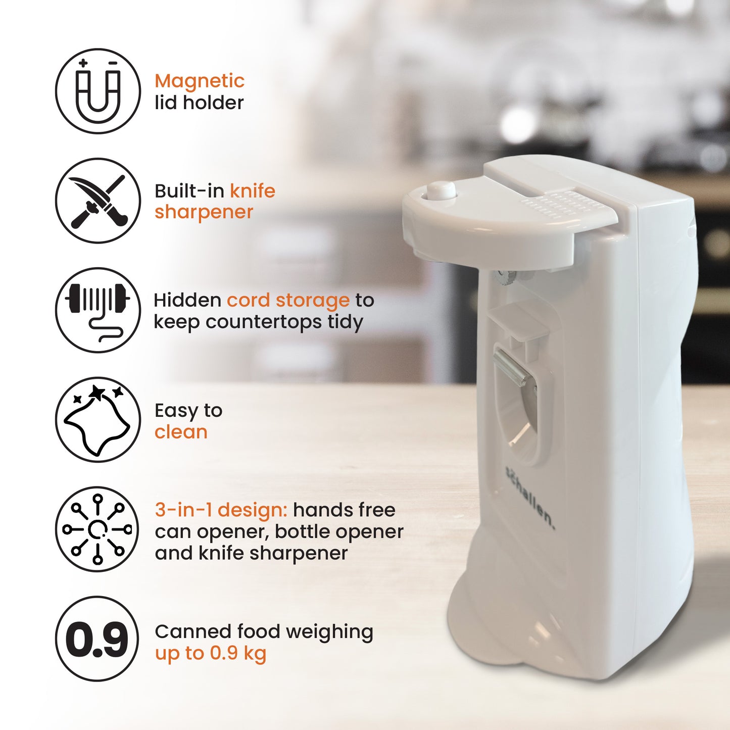 Schallen Electric Can Opener Automatic 3-in-1 Kitchen Appliance with Hands-Free Can Opening, Built-In Bottle Opener & Knife Sharpener | Electric Tin Opener for Easy Opening Cans, Jars, and Bottles | Hidden Power Cord Storage | Stainless Steel Durable Kitc