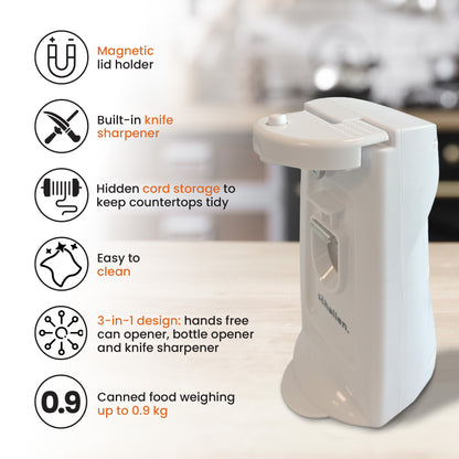 Schallen Electric Can Opener Automatic 3-in-1 Kitchen Appliance with Hands-Free Can Opening, Built-In Bottle Opener & Knife Sharpener | Electric Tin Opener for Easy Opening Cans, Jars, and Bottles | Hidden Power Cord Storage | Stainless Steel Durable Kitc