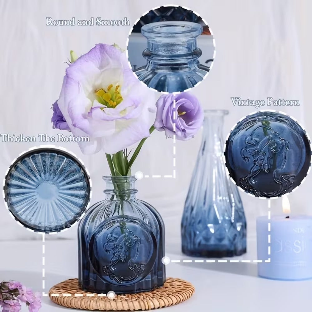 12pcs Blue/Green Glass Bud Vase Set, Mini Retro Small Vase, Ideal Rural Centerpiece for Wedding Decoration, Family Dining Table Decoration And Floral Arrangement