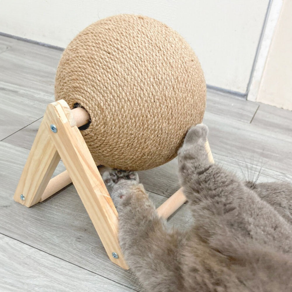 Sisal Ball Cat Scratching Board with Rotating Ball & Cat Hole | Natural Wood Triangular Cat Scratcher | Wear-Resistant Interactive Boredom Relief Toy for Cats | 18x18x16cm