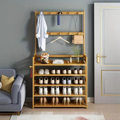 Bamboo Shoe Rack with Clothes Hanger Rail – Multi-Layer Freestanding Shoe Cabinet & Clothes Storage Organiser for Hallway, Bedroom & Dormitory | Space-Saving Floor Standing Shelf