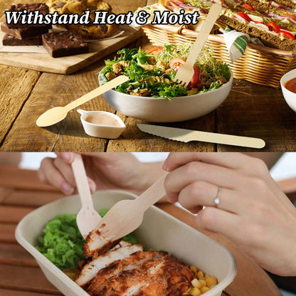 Blissmart Wooden Disposable Cutlery Set of 300 – 100 Forks, 100 Spoons & 100 Knives Dessert Disposable Wooden Utensils for BBQ Party Camping Banquet Wedding Picnic