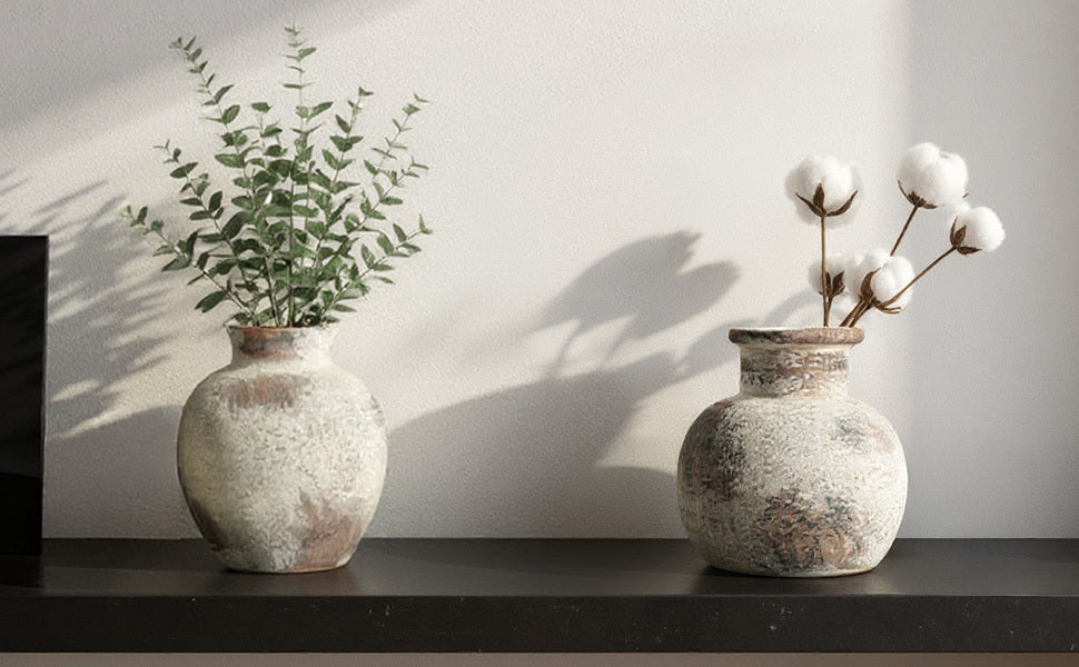 Ceramic Rustic Farmhouse Vase 6 Inch Terracotta Boho Flower Vase Decorative for Dried Flowers Home Decor Living Room Table Shelf Mantel Decoration (D5 x H6 inch)