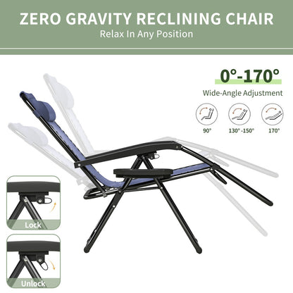 Zero Gravity Chair Foldable Reclining Outdoor Patio Lounge Chair with Padded Pillow Armrest Footrest Cup Holder Textilene Fabric Camping Garden Sunlounger Set of 1 or 2