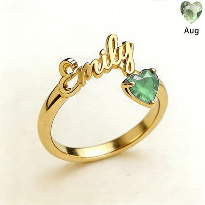 Personalized Heart Birthstone Ring, Custom Birthstone Golden Name Ring, Stainless Steel Elegant Nameplate Open Ring, Best Birthday Gift for Her, Birthstone Jewelry, Light Issues May Cause Color Differences in Birthstones