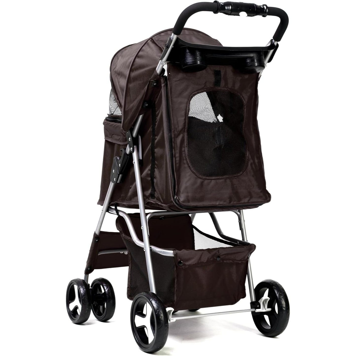 Foldable Pet Stroller With Rain Cover, Portable Foldable Outdoor Walking Cart with Large Space, Hand-Pull Design, Durable Oxford Fabric, Ergonomic Handle & Ventilation Mesh, Lightweight & Sturdy Frame For Small To Medium Dogs - Outdoor Pet Carrier, Modern