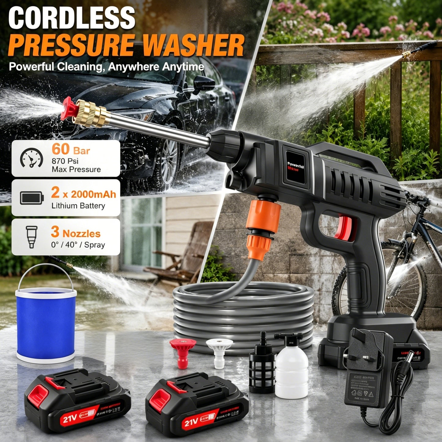 60 Bar/870 Psi High-Pressure Washer, Portable Pressure Washer, Electric Car Wash Machine, 1500W High-Power Motor, Includes 3 Multi-Function Nozzles, 2 Batteries, 5M Hose, 1 Charger, Ideal for Car Washing And Yard Cleaning