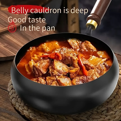 Professional Handmade Cast Iron Dutch Wok - Uncoated, Wooden Lid, Multi-Purpose Wok, Frying Pan Stock Pot Anti-Splatter Oven & All Stove Compatible Durable, Even Heating for Healthy
