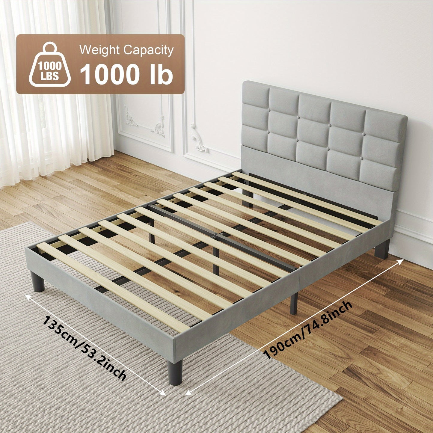 Bed Frames Velvet Upholstered Platform Bed Frame with Headboard and Strong Wooden Slats No Box Spring Needed