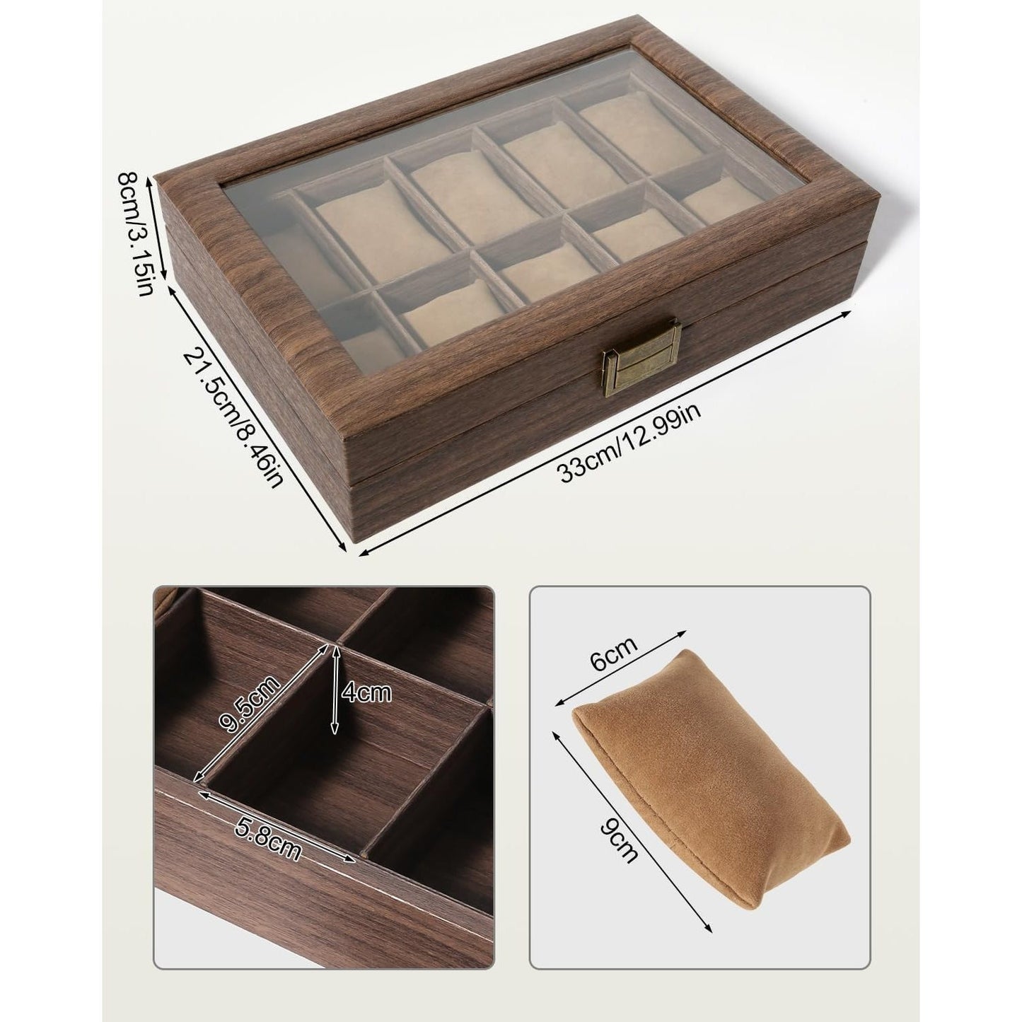 Uten Watch Box 10 Slots, Watch Case with Glass Lid, Watch Display Storage Box for Men and Women, Removable Watch Pillows, PU leather