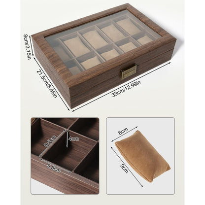 Uten Watch Box 10 Slots, Watch Case with Glass Lid, Watch Display Storage Box for Men and Women, Removable Watch Pillows, PU leather