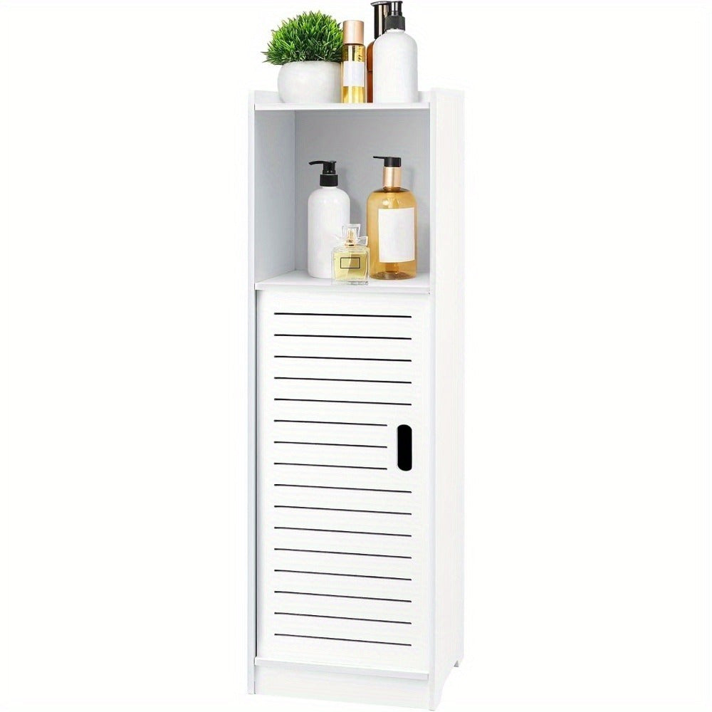 Bathroom Storage Cabinet | White Wood-Plastic Freestanding Organizer | 3-Tier with Slatted Doors & Open Shelf | Space-Saving Design for Bathroom, Kitchen, Bedroom | Modern Minimalist Style, Versatile Cabinet | Slatted Door Design | Woodplastic Material, B