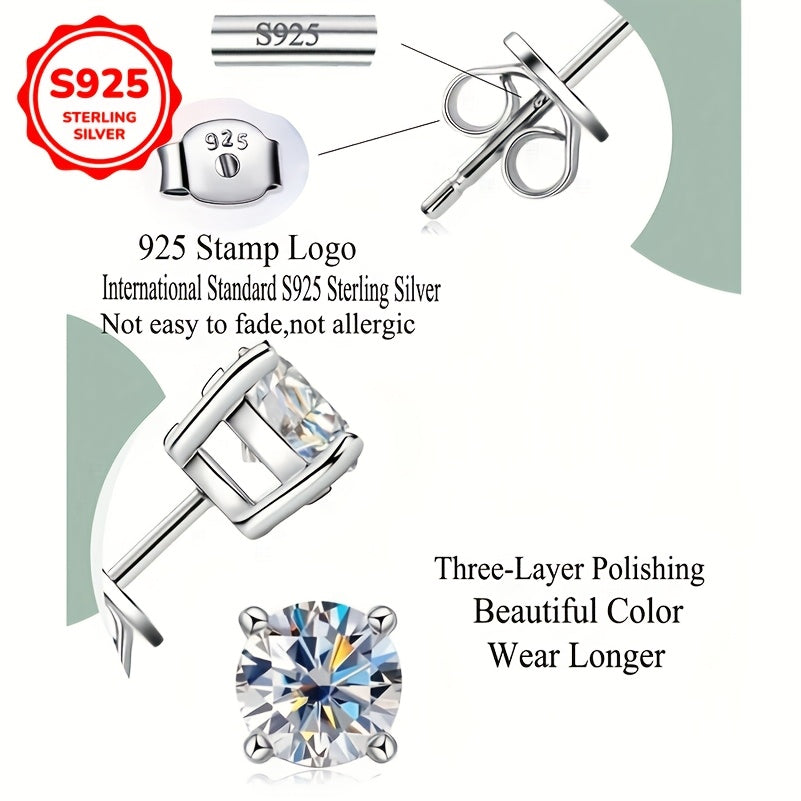 925 Sterling Silvery Synthetic Zirconia Stud Earrings Round 0.1-0.8Ct White 3/4/5/6mm Daily Wear Trendy for Women Accessories Female Gift