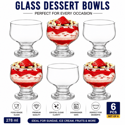 Glass Dessert Bowls Sundae Ice Cream Set of 6 Short Stemmed Tulip Prawn Cocktail Glasses Fruit Salads Pudding Dishes Footed Dessert Sundae Cocktail Bowls