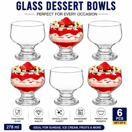 Glass Dessert Bowls Sundae Ice Cream Set of 6 Short Stemmed Tulip Prawn Cocktail Glasses Fruit Salads Pudding Dishes Footed Dessert Sundae Cocktail Bowls